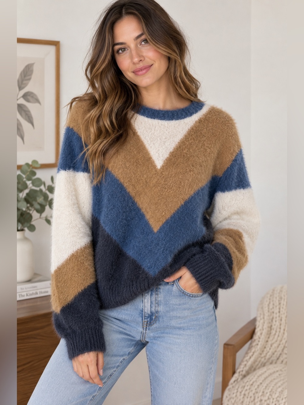 Promesa M/L Fuzzy Colorblock Sweater Blue Tan Cream Oversized Cozy Knit